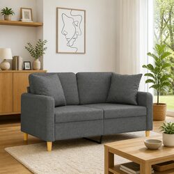 2-Seater Sofa in Grey Fabric with Cushions, 120cm