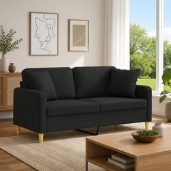 Black Fabric 2-Seater Sofa with Throw Pillows 140cm