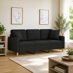 3-Seater Sofa in Black Fabric with Metal Frame 180cm