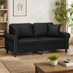 Compact 2-Seater Black Sofa with Faux Leather Upholstery