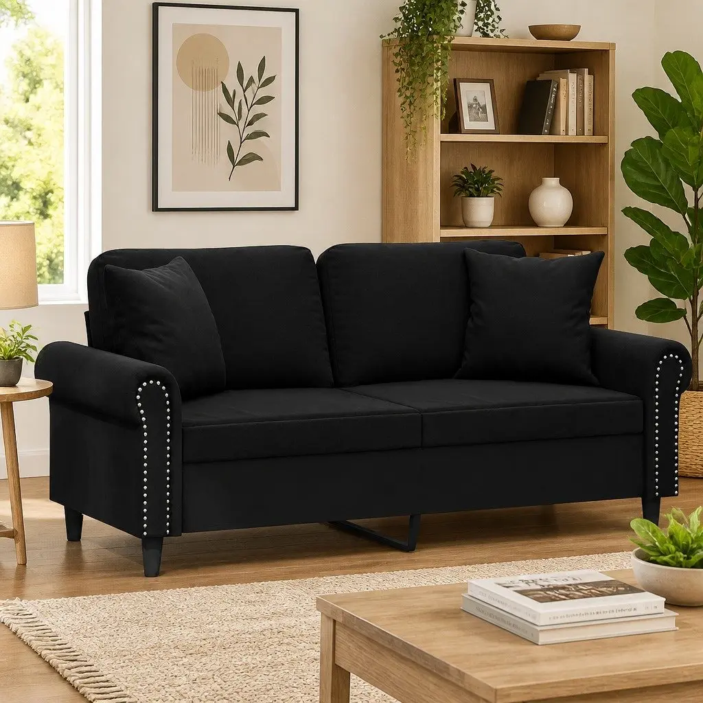 2-Seater Sofa Black 140cm Modern Lounge Velvet Couch with Throw Pillows