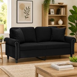 2-Seater Black Sofa with Velvet Upholstery and Pillows