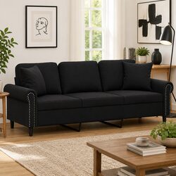 3-Seater Velvet Sofa Black 180cm with Throw Pillows