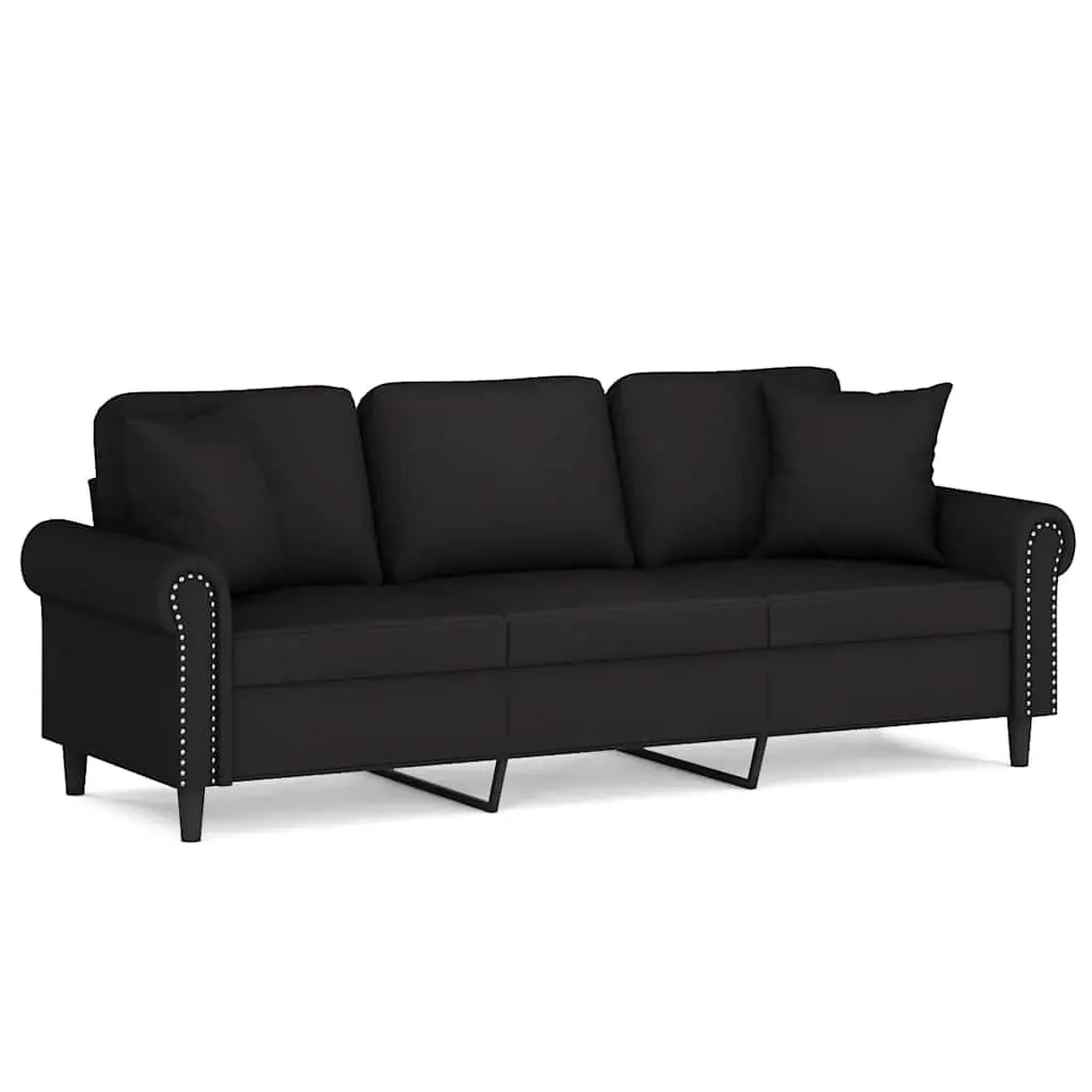 3-Seater Sofa Black 180cm Modern Lounge Velvet Couch with Throw Pillows