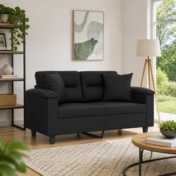 2-Seater Sofa in Black Faux Leather with Throw Pillows