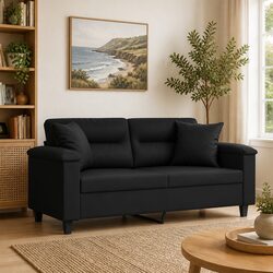 2-Seater Sofa in Black Faux Leather, 140cm
