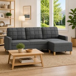 180cm 3-Seater Sofa with Footstool in Grey Fabric