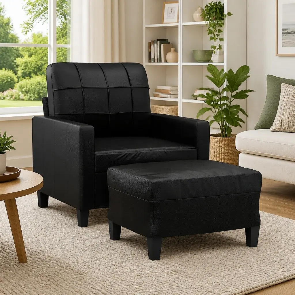 Sofa Armchair with Footstool Comfort Black Faux Leather 60cm