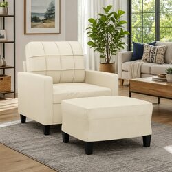 Faux Leather Sofa Chair with Footstool in Cream