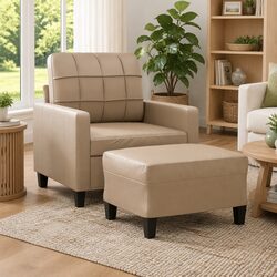 Faux Leather Armchair with Footstool in Brown