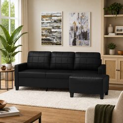 Black Faux Leather 3-Seater Sofa with Footstool, 180cm