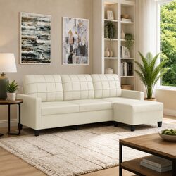 3-Seater Sofa in Cream Faux Leather with Footstool
