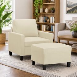 Sofa Chair and Footstool in Cream Faux Leather