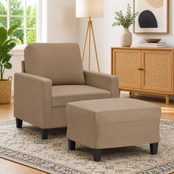 Compact Sofa Chair with Footstool in Brown Faux Leather