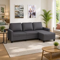 Grey 3-Seater Sofa with Footstool: Faux Leather Design