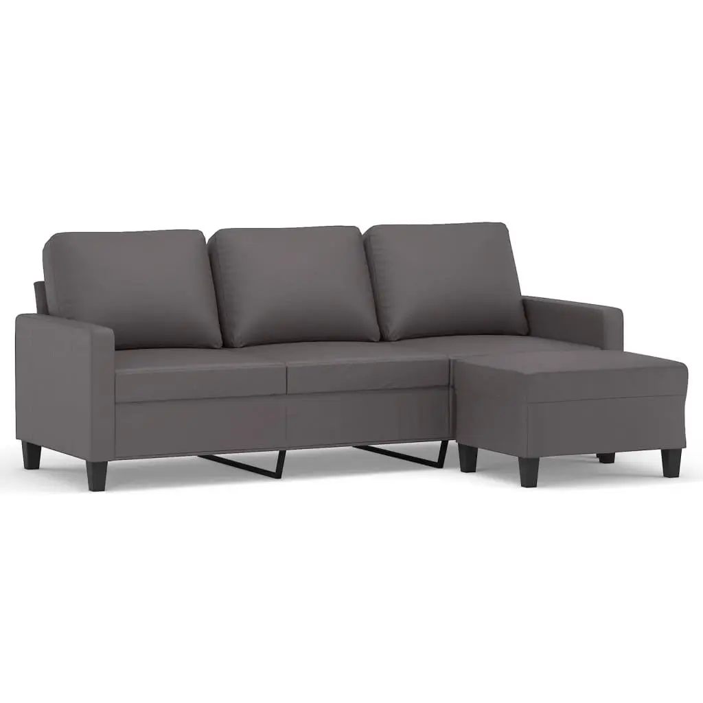 3-Seater Sofa with Footstool Grey 180cm Faux Leather Living Room Furniture