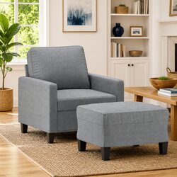 Compact Grey Fabric Armchair with Footstool for Living Rooms