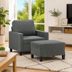 Compact Grey Fabric Armchair with Footstool