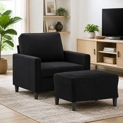 Black Velvet Compact Sofa Chair with Footstool