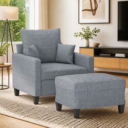 Compact Grey Fabric Armchair with Footstool for Living Areas