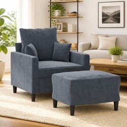 Dark Grey Velvet Armchair with Footstool for Living Room