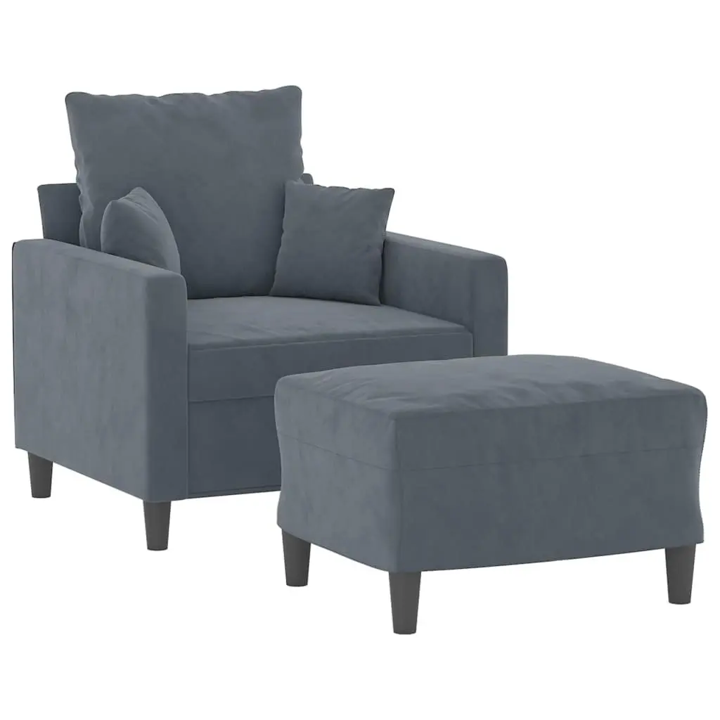 Grey Velvet Sofa Chair with Footstool Compact Modern Living Room