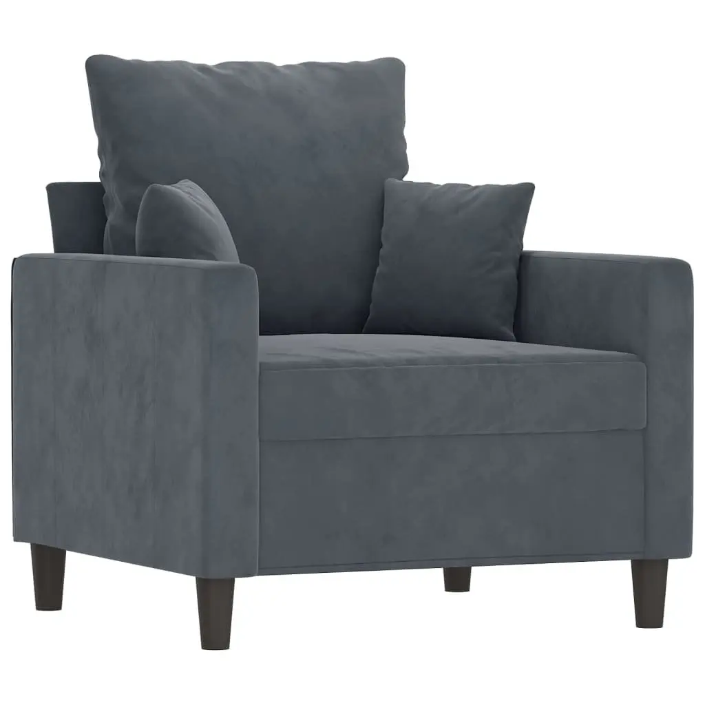 Grey Velvet Sofa Chair with Footstool Compact Modern Living Room