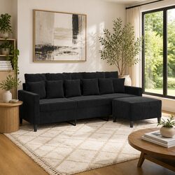 Black Velvet 3-Seater Sofa with Footstool 180cm