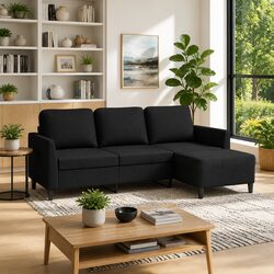 3-Seater Sofa and Footstool in Black Faux Leather