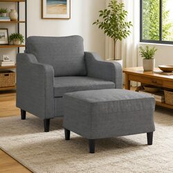 Compact Grey Fabric Armchair with Footstool 60cm