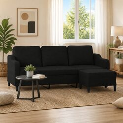 Durable Black 3-Seater Sofa with Footstool, 180cm