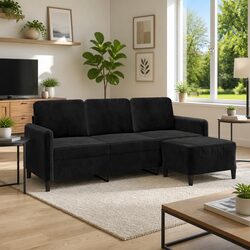 Compact 3-Seater Sofa with Footstool, Black 180cm
