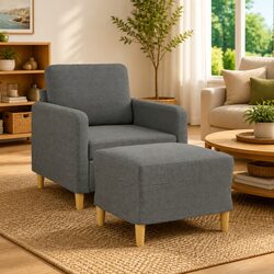Grey Fabric Armchair with Footstool for Living Room Use