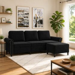 3-Seater Black Sofa with Footstool, Velvet Upholstery 180cm