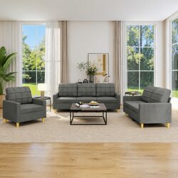 3 Piece Modern Sofa Set in Grey Fabric with Cushions
