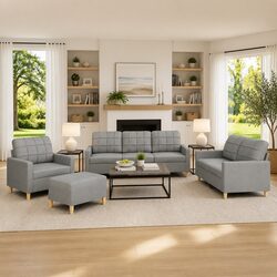 Durable 4 Piece Grey Sofa Set with Footstool and Cushions