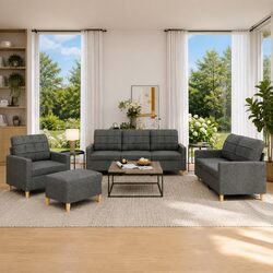 4 Piece Grey Fabric Sofa Set with Footstool Details