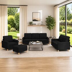 4 Piece Black Fabric Sofa Set with Sturdy Footstool