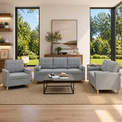 Grey Fabric 3 Piece Sofa Set with Durable Roll Pillows