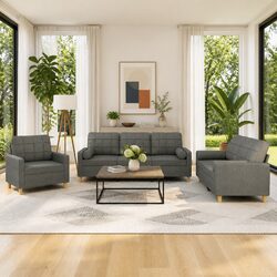 3 Piece Sofa Set with Grey Fabric and Pillows