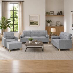 4 Piece Grey Fabric Sofa Suite with Ottoman and Pillows
