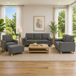 4 Piece Lounge Sofa Set in Grey Fabric with Footstool