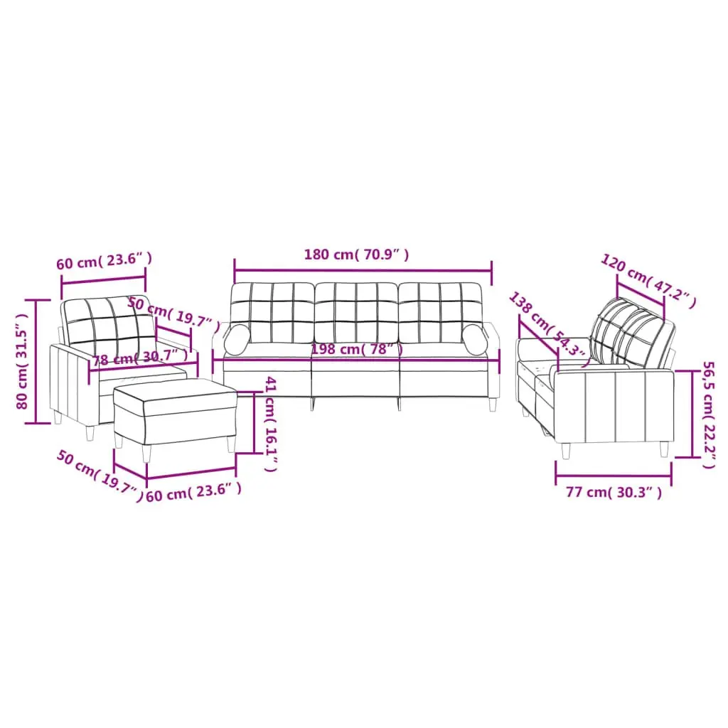4 Piece Sofa Set Grey Fabric Lounge with Pillows Footstool Living Room Furniture