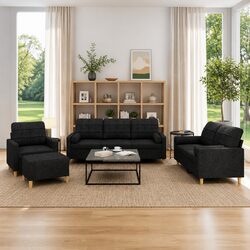 Black Fabric 4 Piece Sofa Set with Ottoman and Pillows
