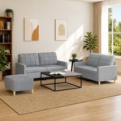 Grey 3 Piece Sofa Set with Footstool and Cushions