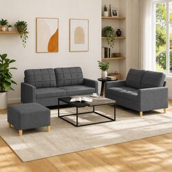 Grey Fabric 3 Piece Sofa Set with Footstool Details