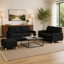 3 Piece Sofa Set with Footstool - Black Fabric