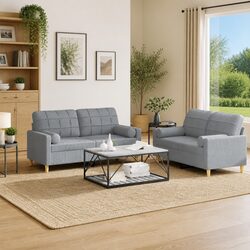 2 Piece Grey Fabric Sofa Set with Sturdy Construction
