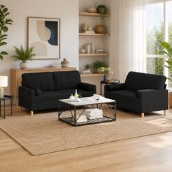 2 Piece Sofa Set in Black Fabric with Cylinder Pillows