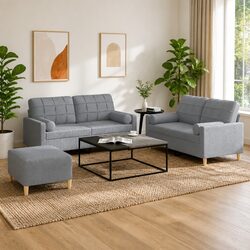 3 Piece Living Room Sofa Set in Grey with Footstool and Pillows
